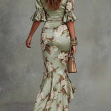 Floral Ruched Fishtail Maxi Dress
