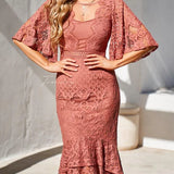 Flute Sleeve High-Low Lace Midi