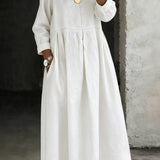 Round Neck Long Sleeve Denim Maxi Dress