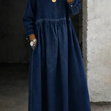 Round Neck Long Sleeve Denim Maxi Dress