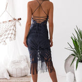 V-Neck Lace Fringe Midi Dress