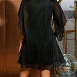 V-Neck Mesh Glitter Dress