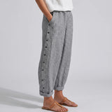 Striped Side Button Straight Leg Trousers